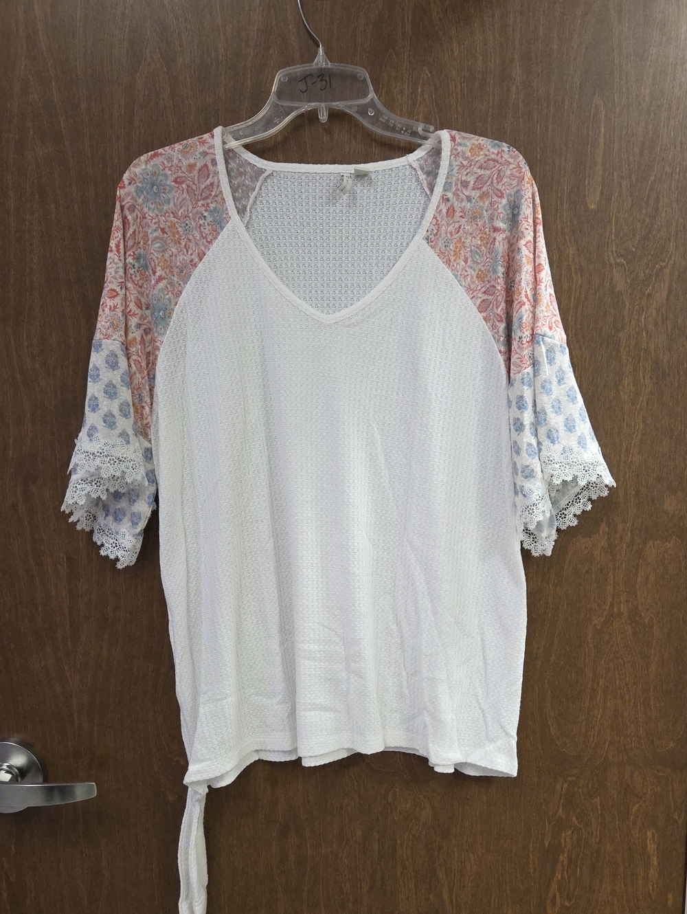 Cato White Top with Pink and Blue Floral Raglan Sleeves